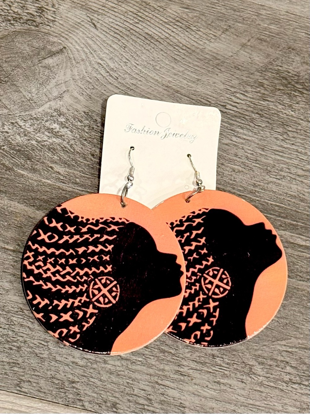 Fashion Jewelry Black & Peach Round African Silhouette Earrings